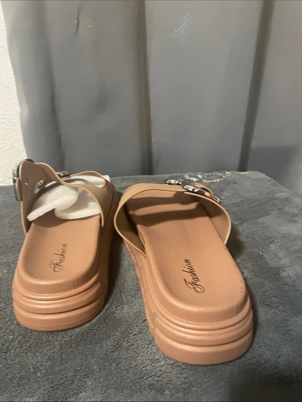 Women's Tan Dual-Buckle Slide Sandals with Chunky Sole NWOT